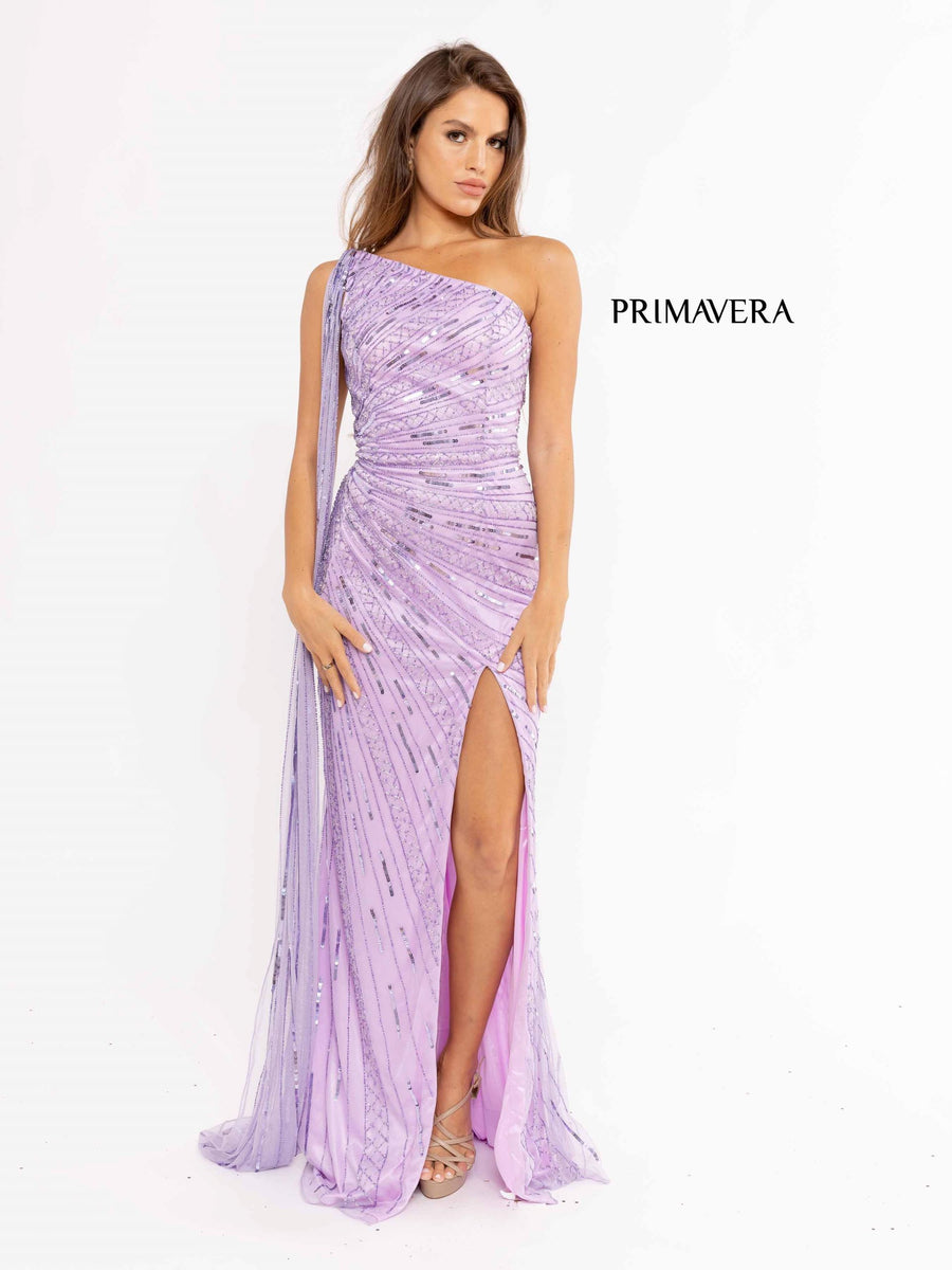 Prom Dresses Long Sequins One Shoulder Sash Prom Dress Lilac