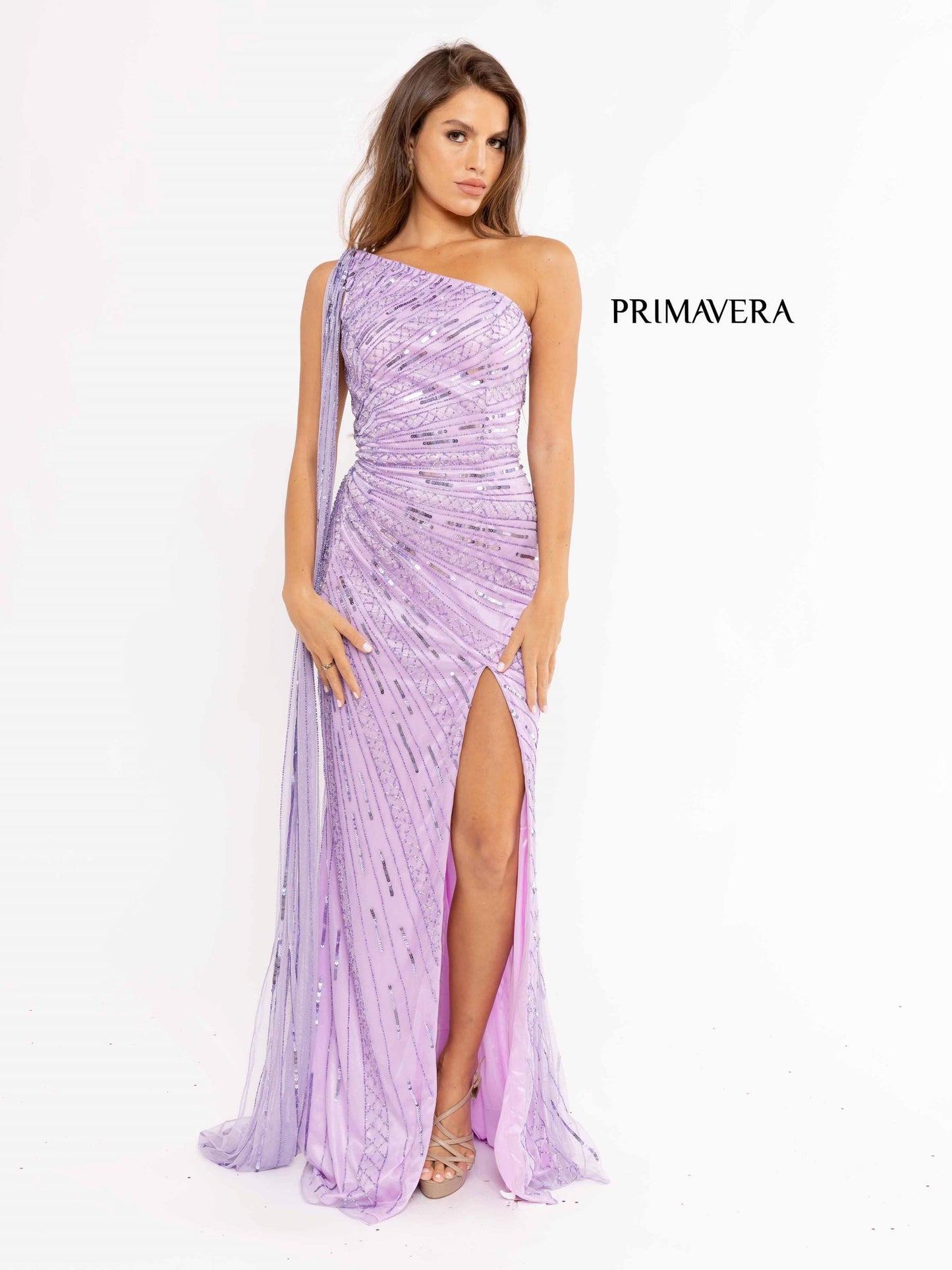 Prom Dresses Long Sequins One Shoulder Sash Prom Dress Lilac