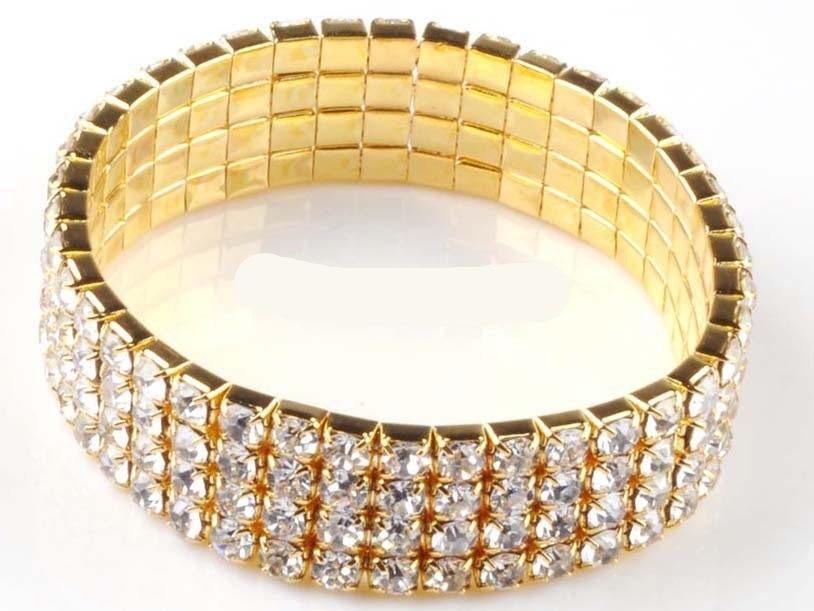 4 Rows Gold Elastic Crystal Rhinestone Bridal Wristband - The Dress Outlet AM