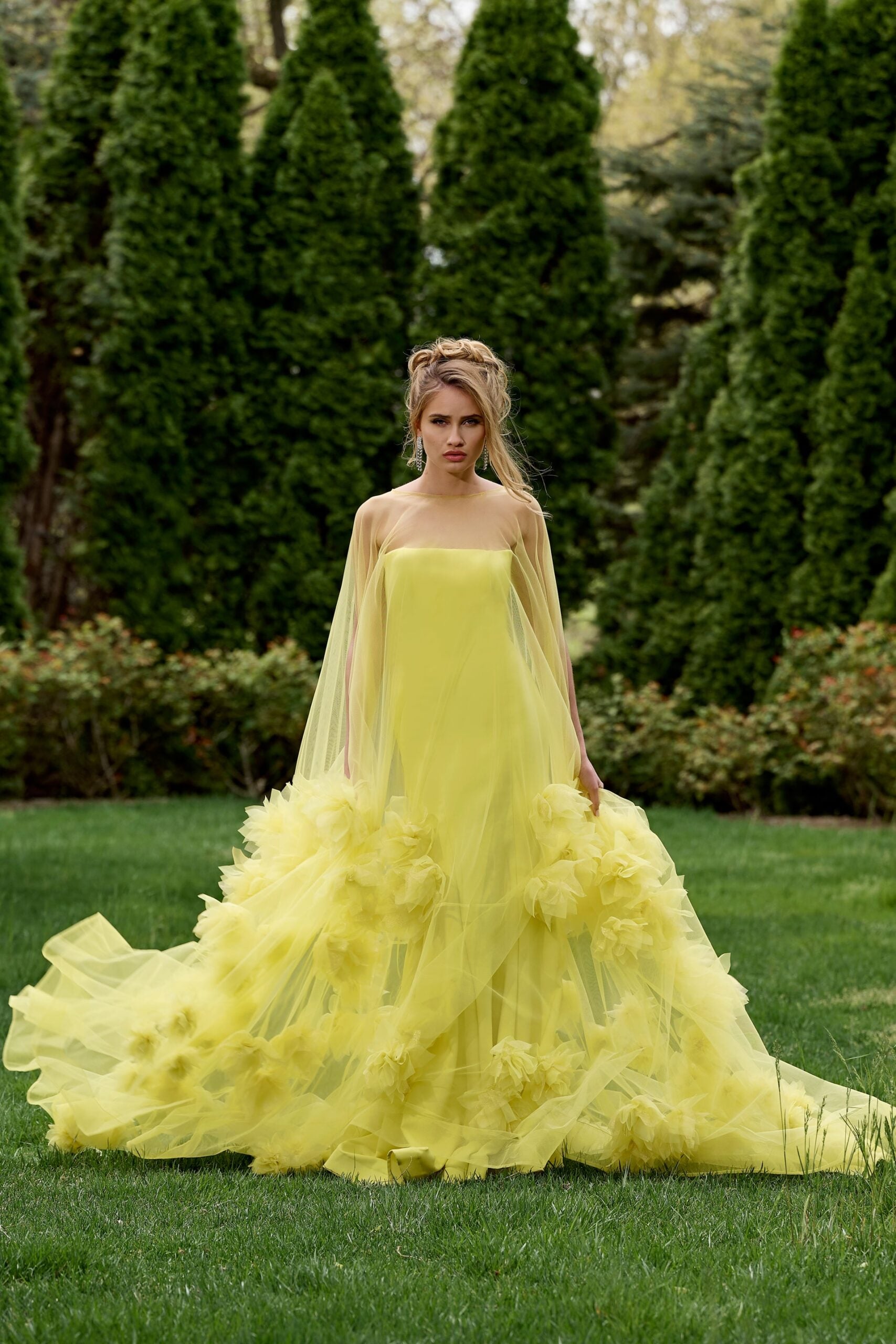 Yellow Jovani 40092 Long Formal Floral Applique Cape Prom Dress for 1500.0 The Dress Outlet