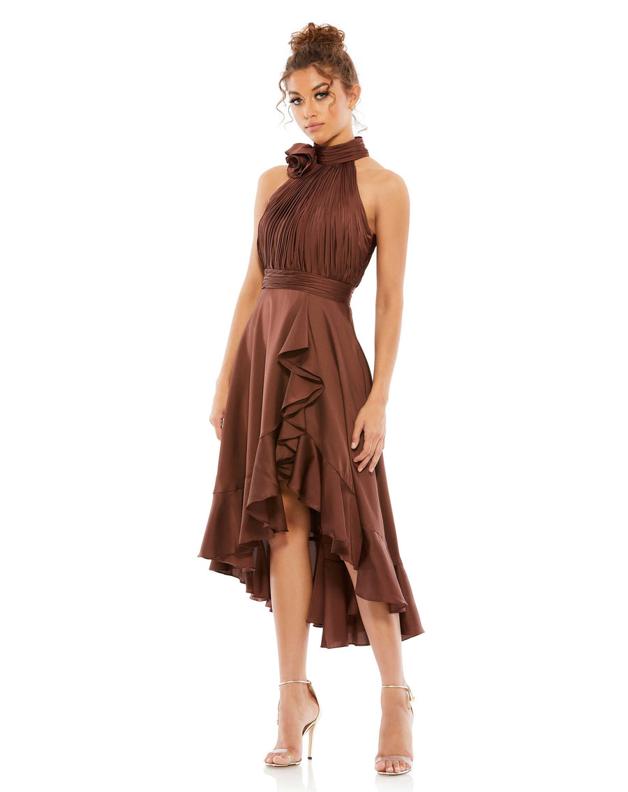 Cocktail Dresses High Low Ruffle Cocktail Halter Midi Dress Chocolate