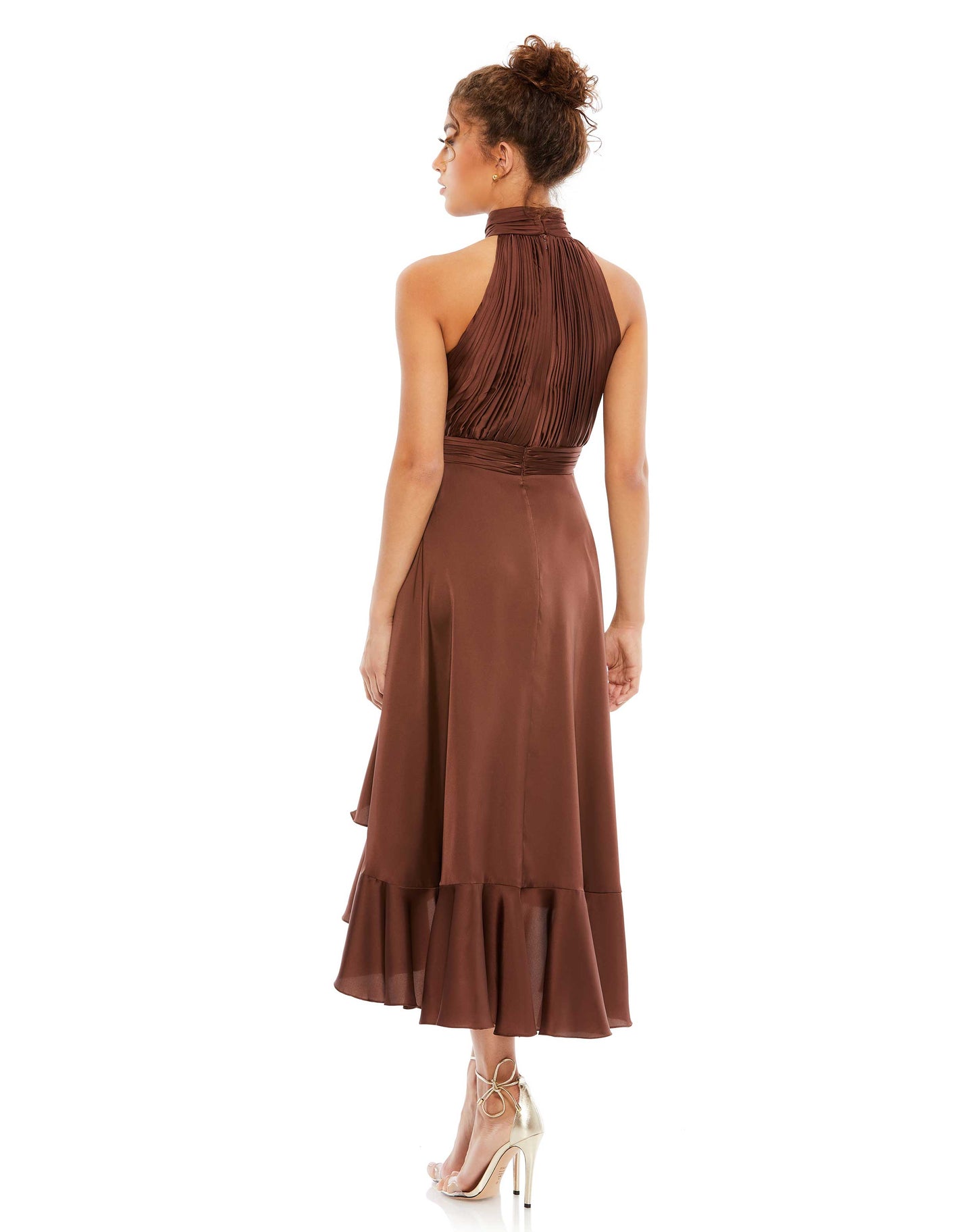 Cocktail Dresses High Low Ruffle Cocktail Halter Midi Dress Chocolate