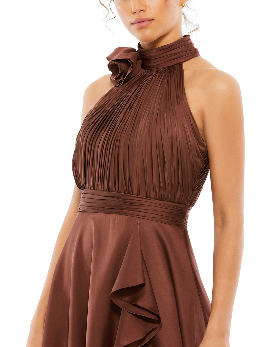 Cocktail Dresses High Low Ruffle Cocktail Halter Midi Dress Chocolate