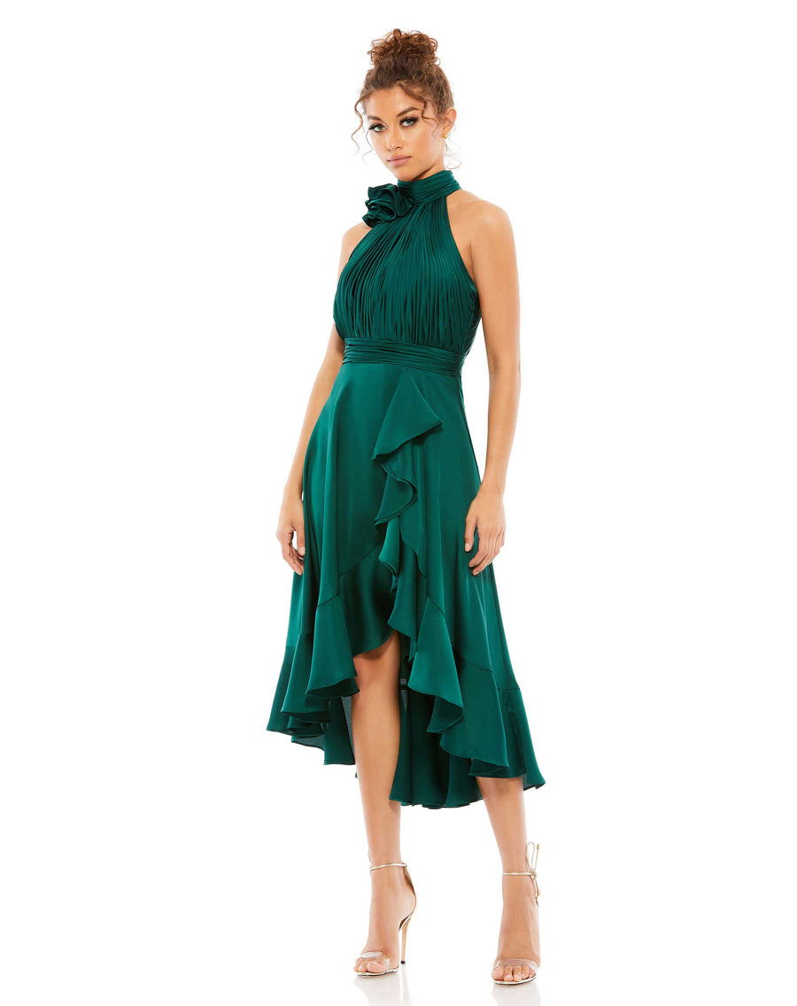 Cocktail Dresses High Low Ruffle Cocktail Halter Midi Dress Emerald