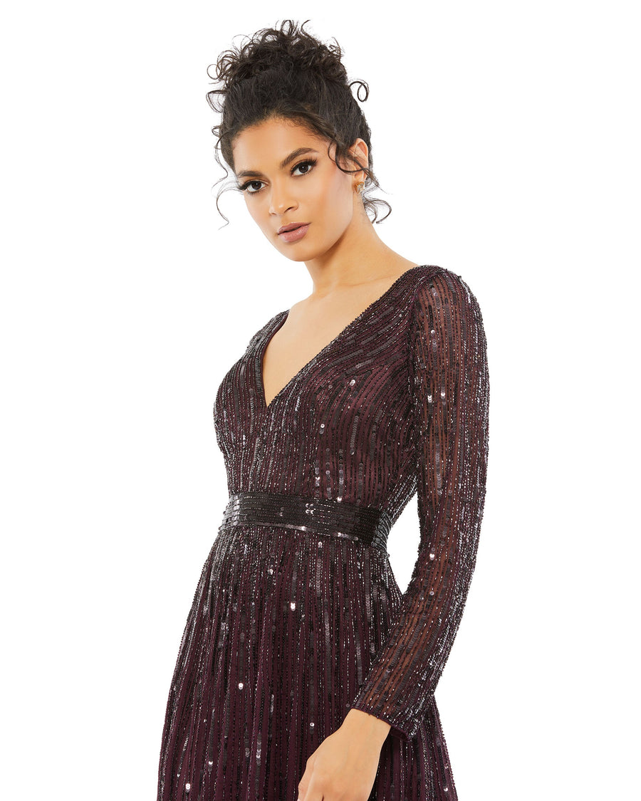 Mac Duggal Long Sleeve Sequins A Line Evening Dress - The Dress Outlet