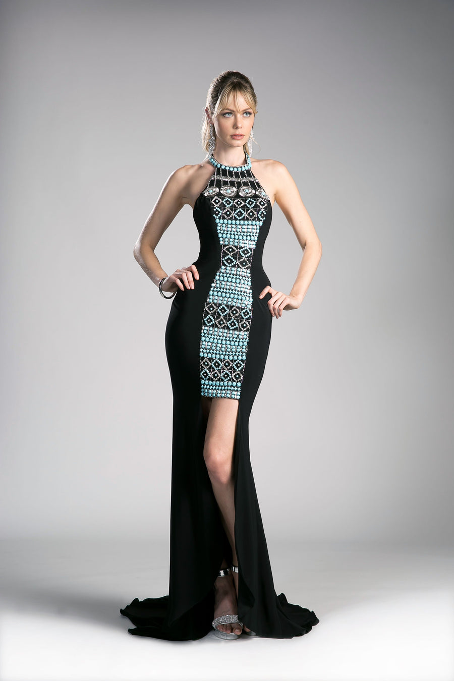 Formal Dresses Long Beaded Halter Formal Beaded Dress Black Turq