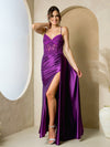 Prom Dresses Formal Fitted Beaded Long Slit Prom Dress Purple