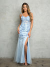 Prom Dresses Long Slit Lace Formal Prom Dress Dusty Blue