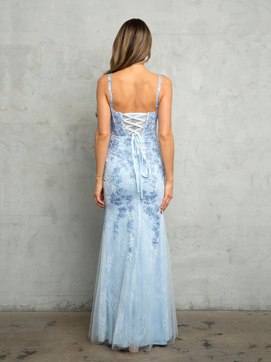 Prom Dresses Long Slit Lace Formal Prom Dress Dusty Blue