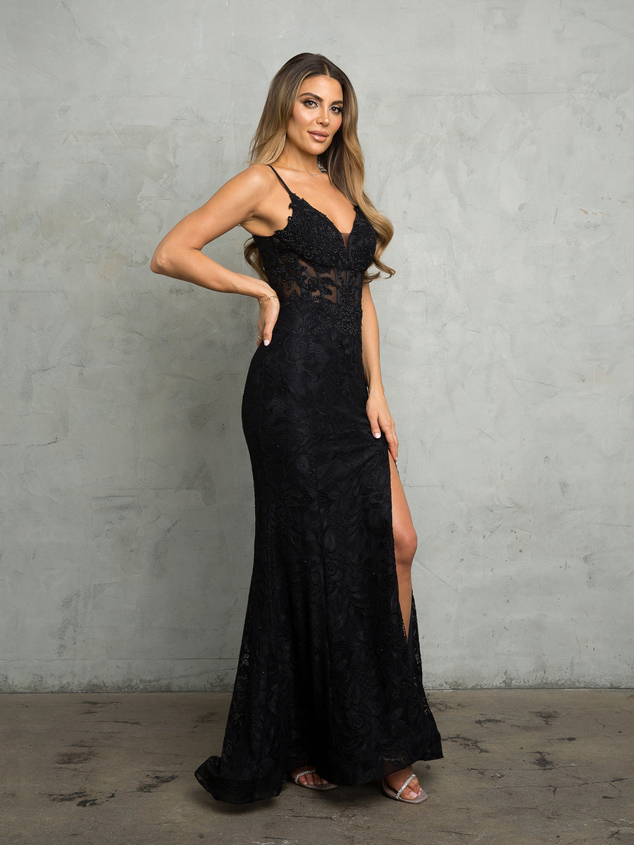 Prom Dresses Long Formal Lace Front Slit Prom Dress Black