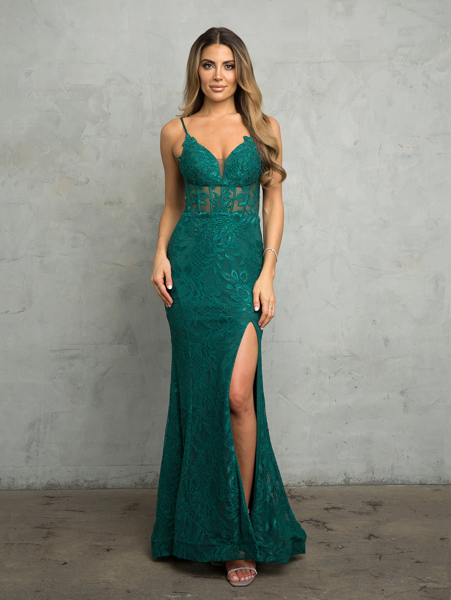 Prom Dresses Long Formal Lace Front Slit Prom Dress Hunter Green