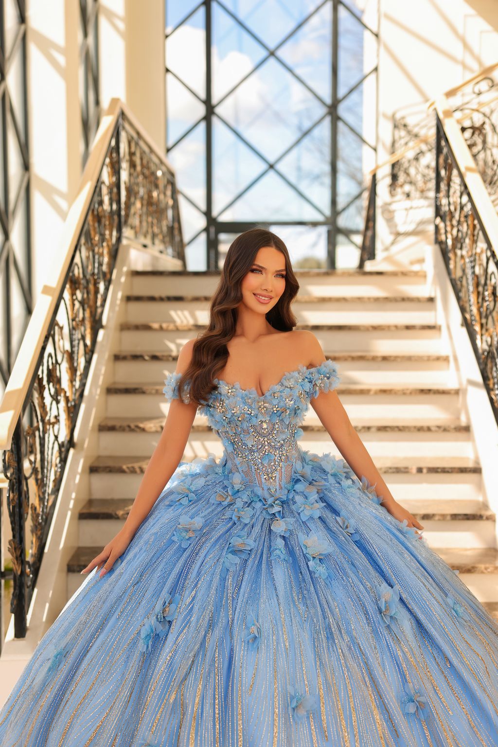 Quinceniera Dresses A Line 3D Floral Long Ball Gown Quinceanera Sky Blue