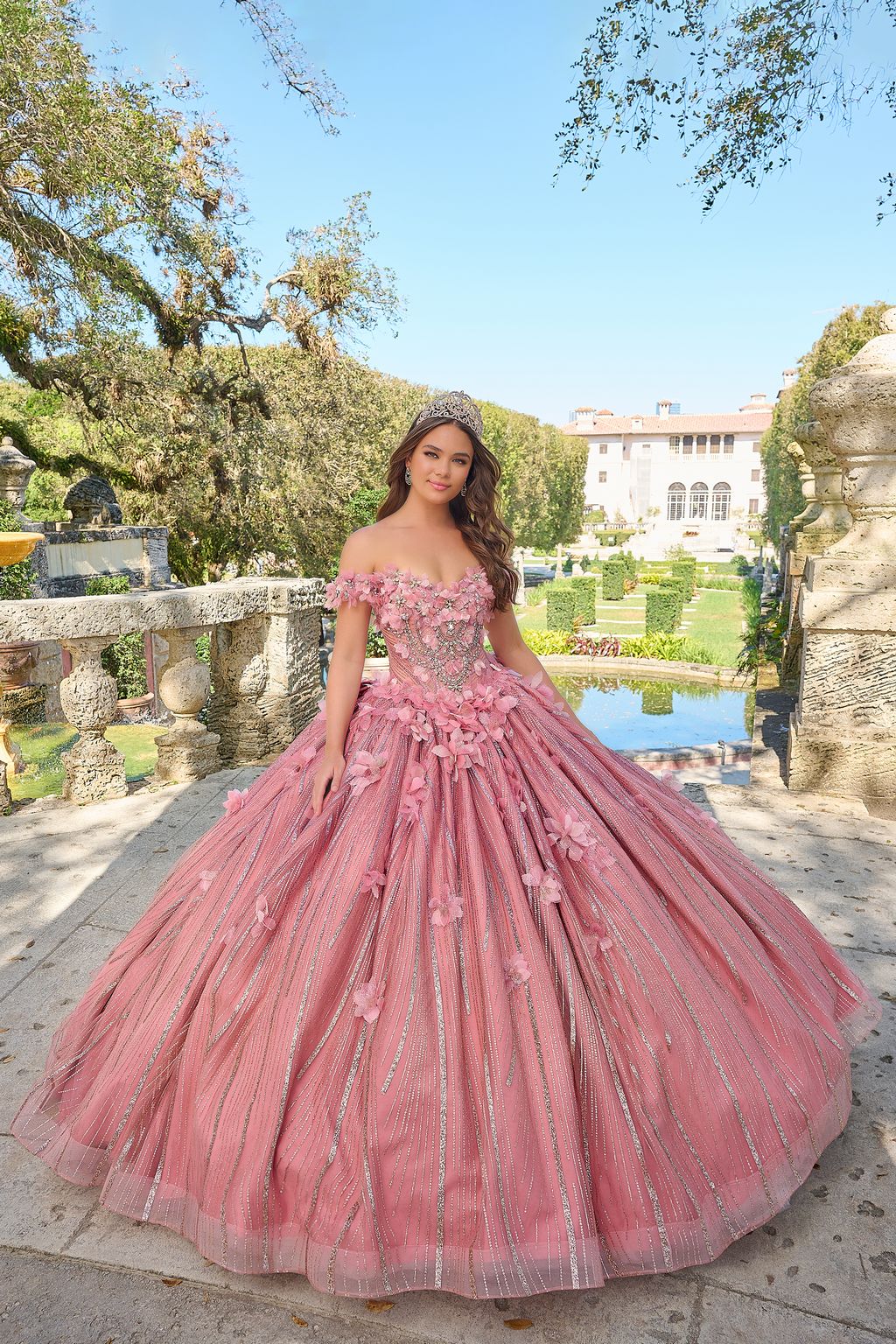 Quinceniera Dresses A Line 3D Floral Long Ball Gown Quinceanera Dusty Pink