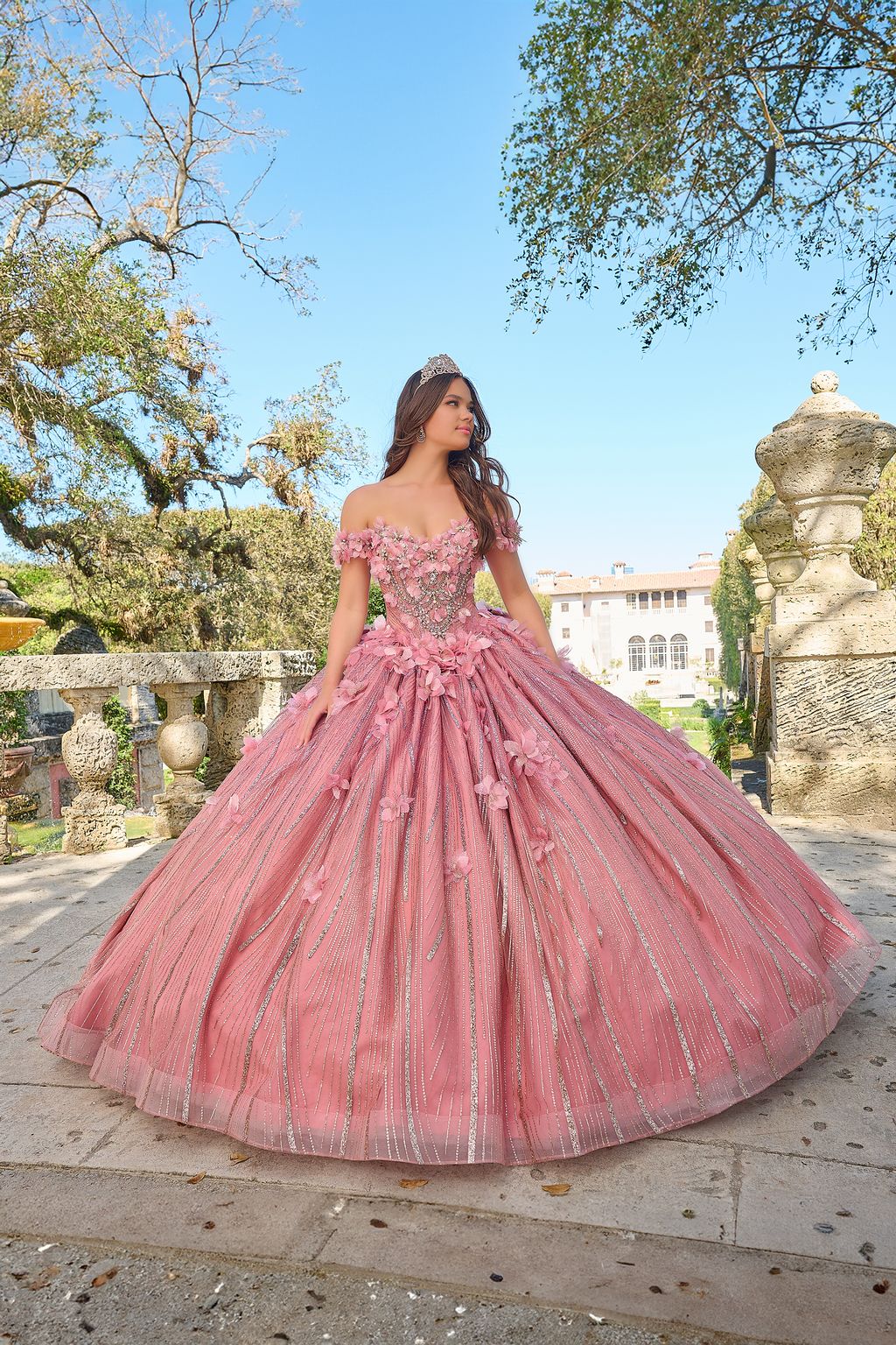 Quinceniera Dresses A Line 3D Floral Long Ball Gown Quinceanera Dusty Pink