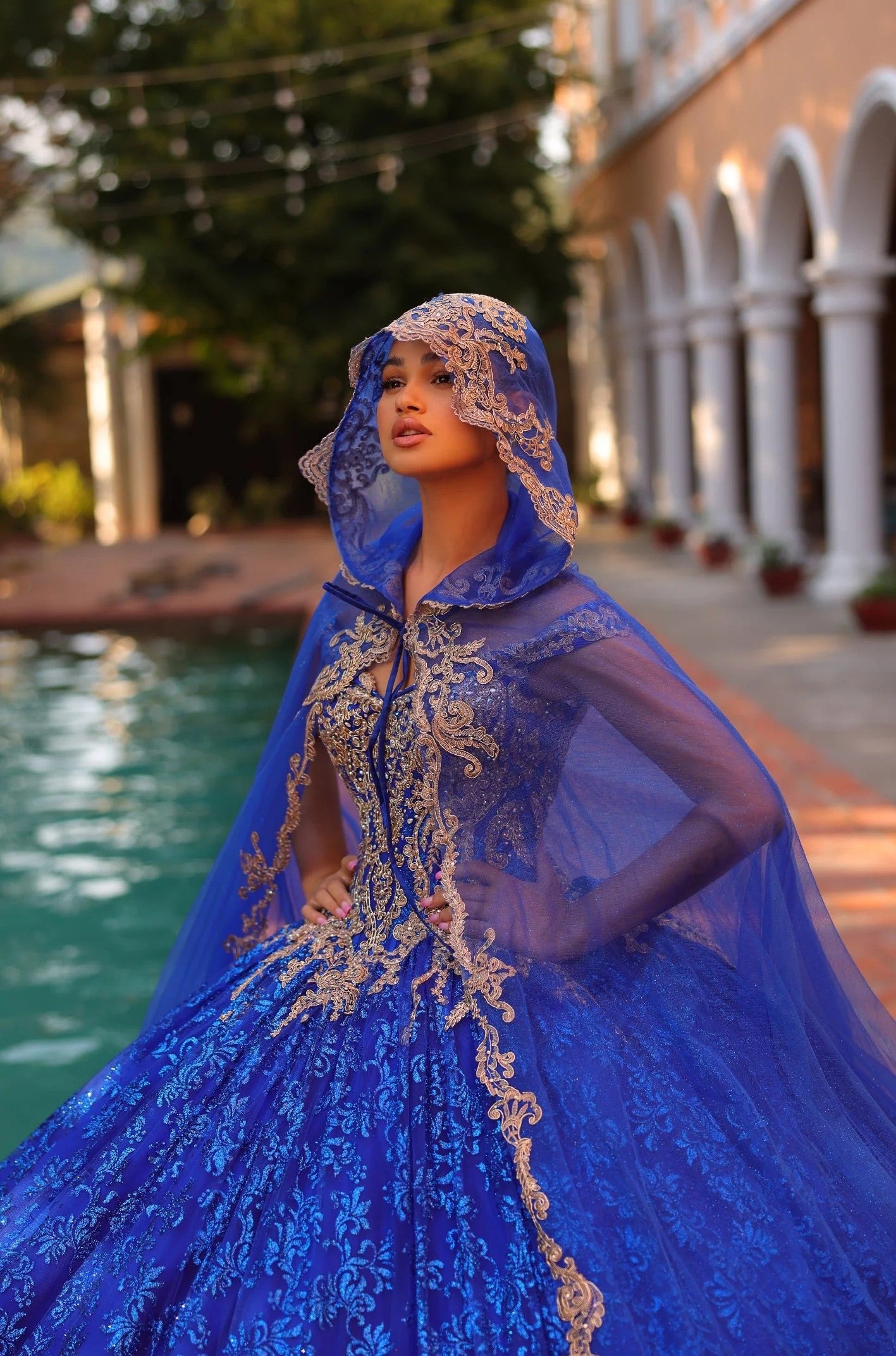 Quinceniera Dresses Quinceanera Dress Long Detachable Hooded Cape Glitter Ball Gown Royal Blue/Gold