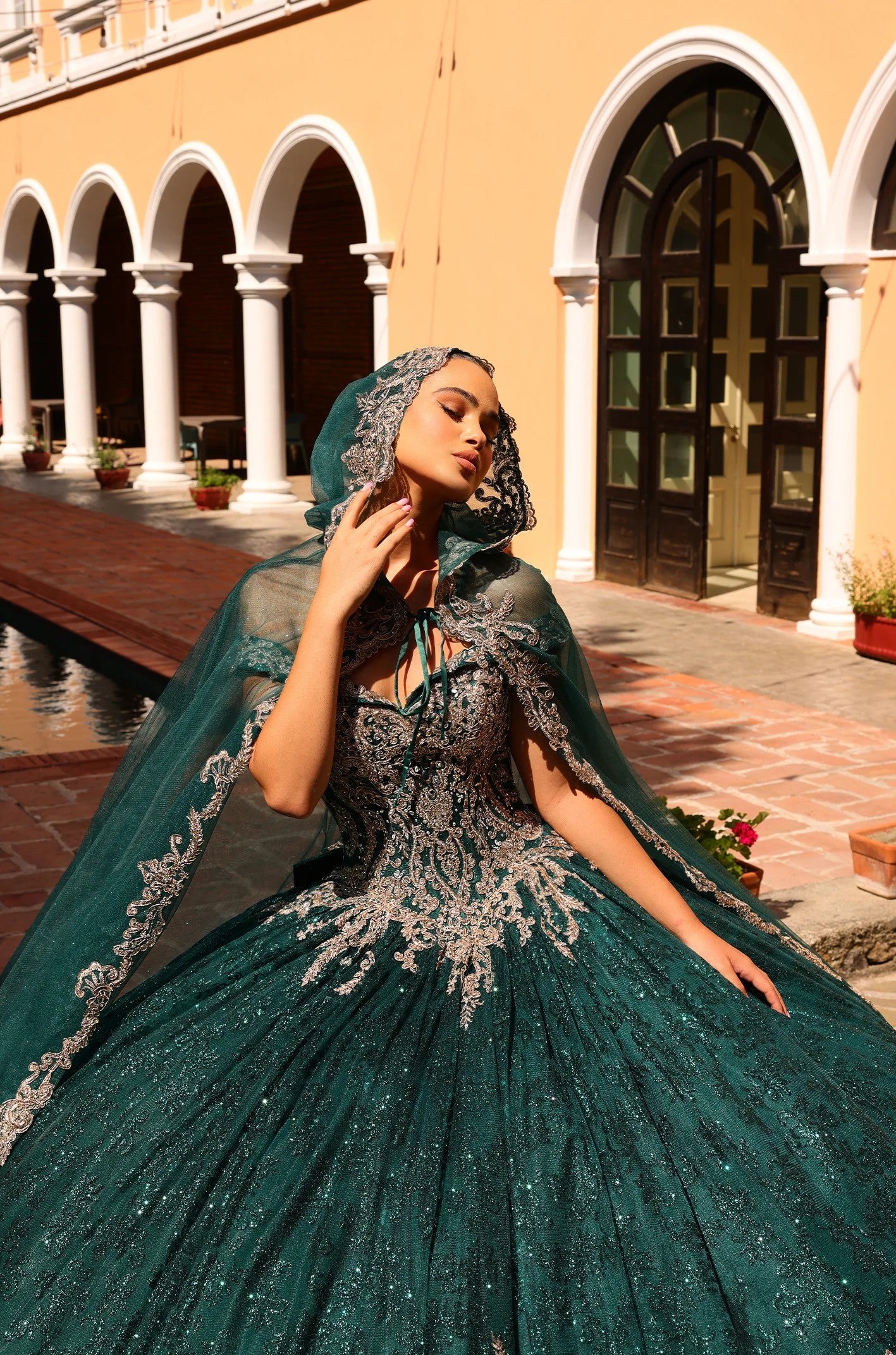 Quinceniera Dresses Quinceanera Dress Long Detachable Hooded Cape Glitter Ball Gown Emerald/Gold