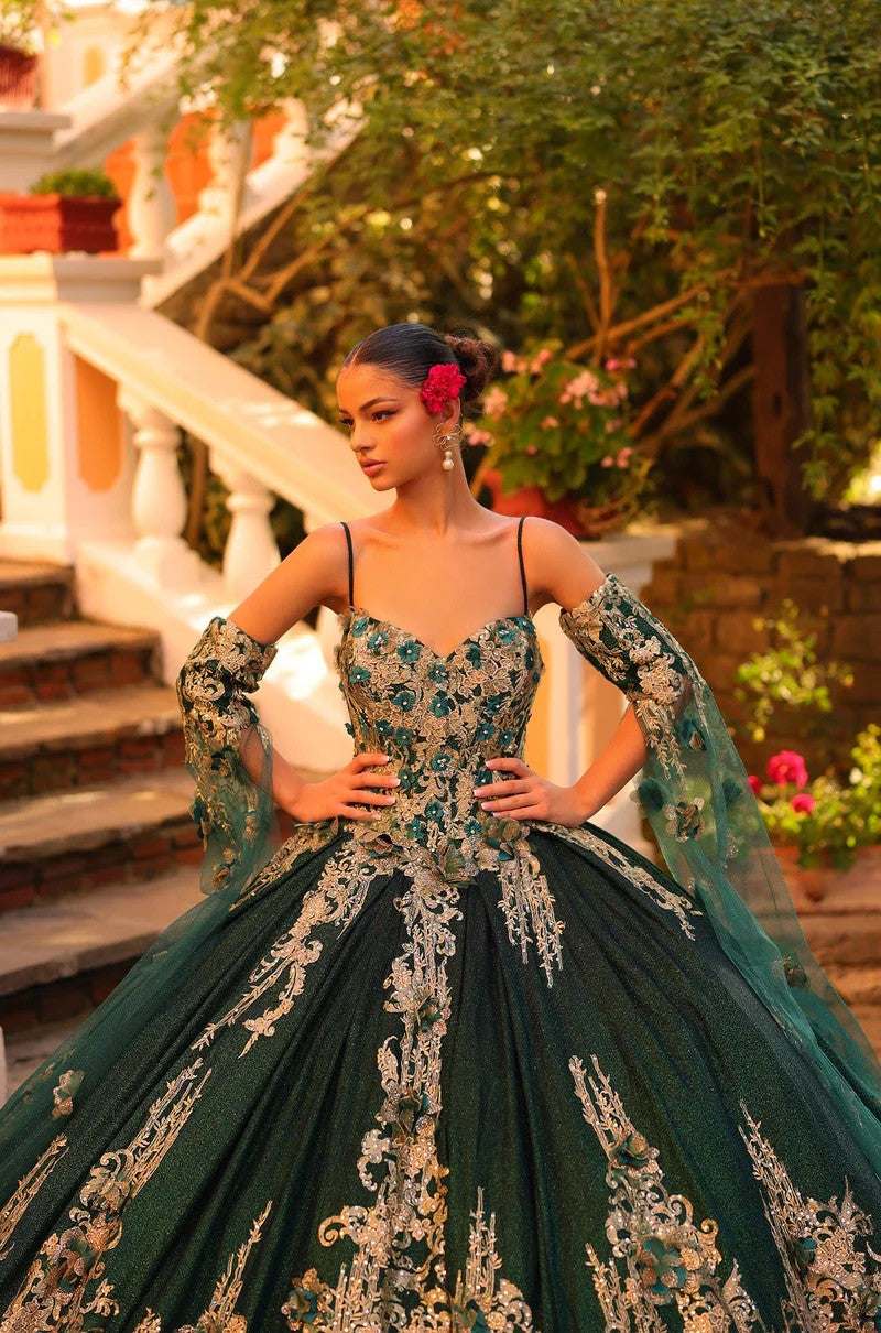 Quinceniera Dresses 3D Floral Long Ball Gown Glitter Cape Sleeve Quinceanera Dress Emerald