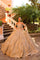 Quinceniera Dresses 3D Floral Long Ball Gown Glitter Cape Sleeve Quinceanera Dress Gold