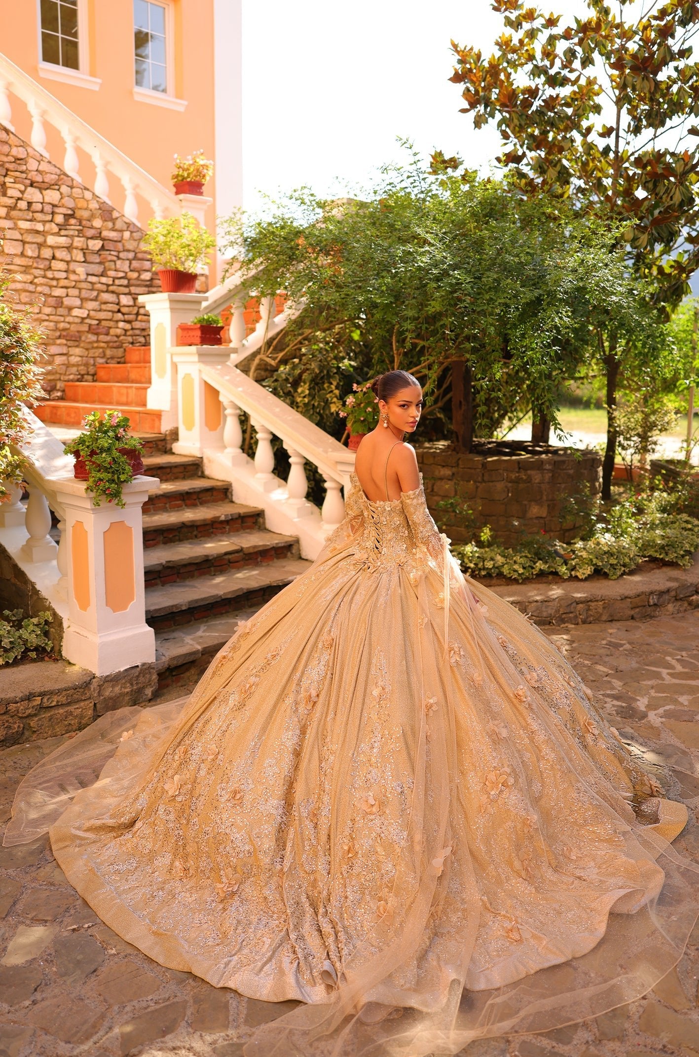 Quinceniera Dresses 3D Floral Long Ball Gown Glitter Cape Sleeve Quinceanera Dress Gold