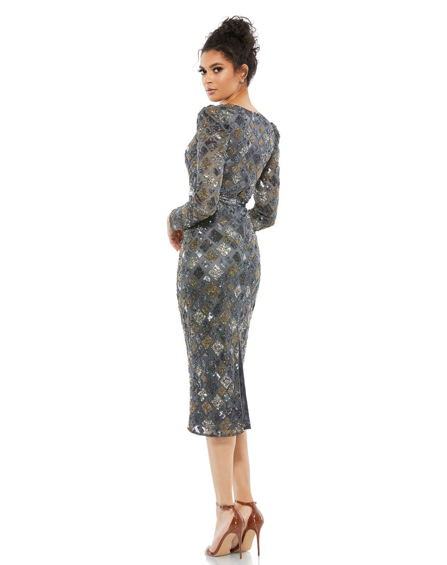 Cocktail Dresses Long Sleeve Sequins Midi Dress Charcoal