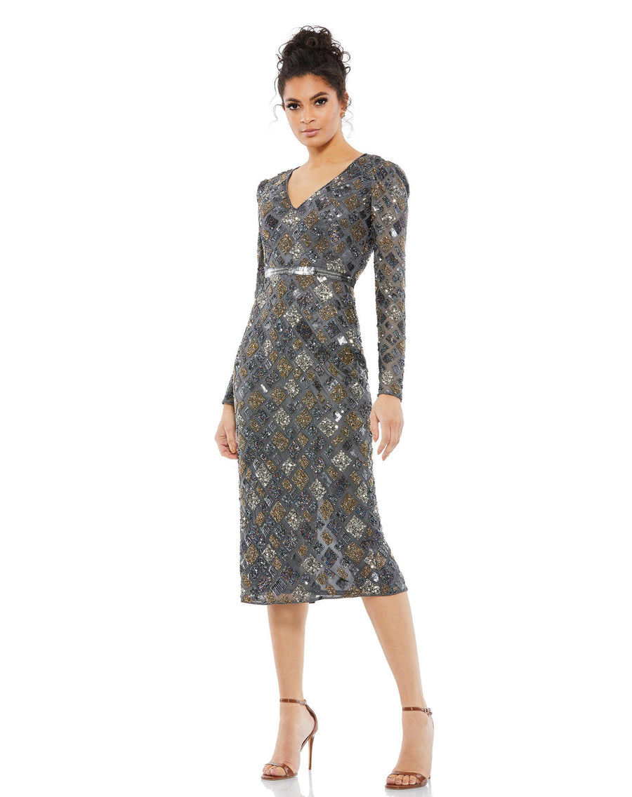 Cocktail Dresses Long Sleeve Sequins Midi Dress Charcoal