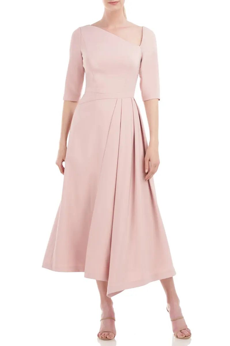 Mother of the Bride Dresses 3/4 Sleeve Pleated Tea Length Dress SOFT BLUSH