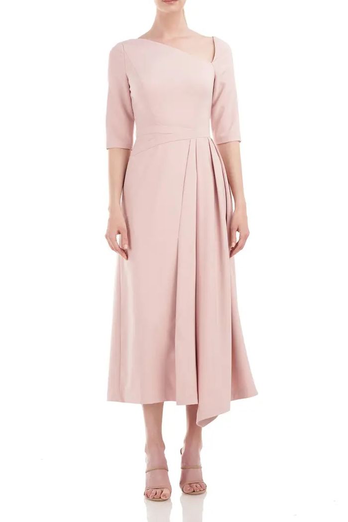 Mother of the Bride Dresses 3/4 Sleeve Pleated Tea Length Dress SOFT BLUSH