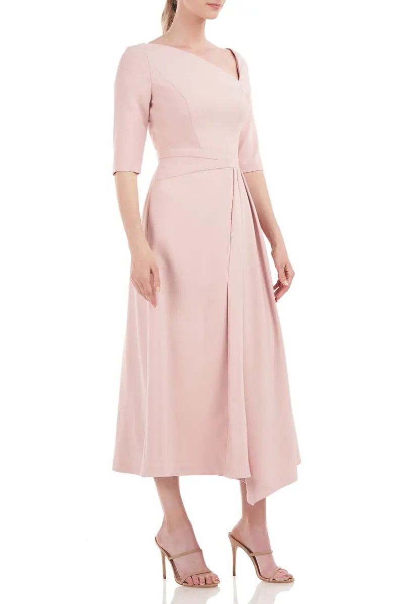 Mother of the Bride Dresses 3/4 Sleeve Pleated Tea Length Dress SOFT BLUSH