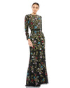 Formal Dresses Long Sleeve Floral Sequin Formal Prom Dress Black Multi