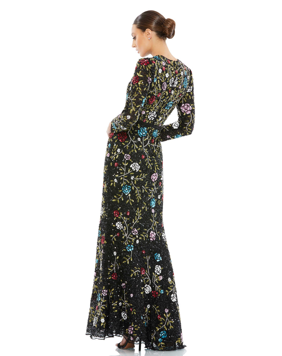 Formal Dresses Long Sleeve Floral Sequin Formal Prom Dress Black Multi