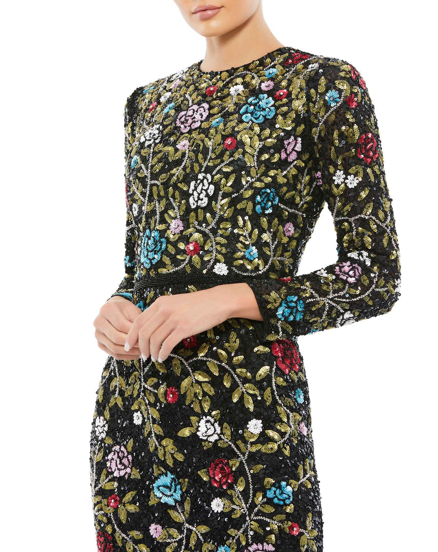 Formal Dresses Long Sleeve Floral Sequin Formal Prom Dress Black Multi