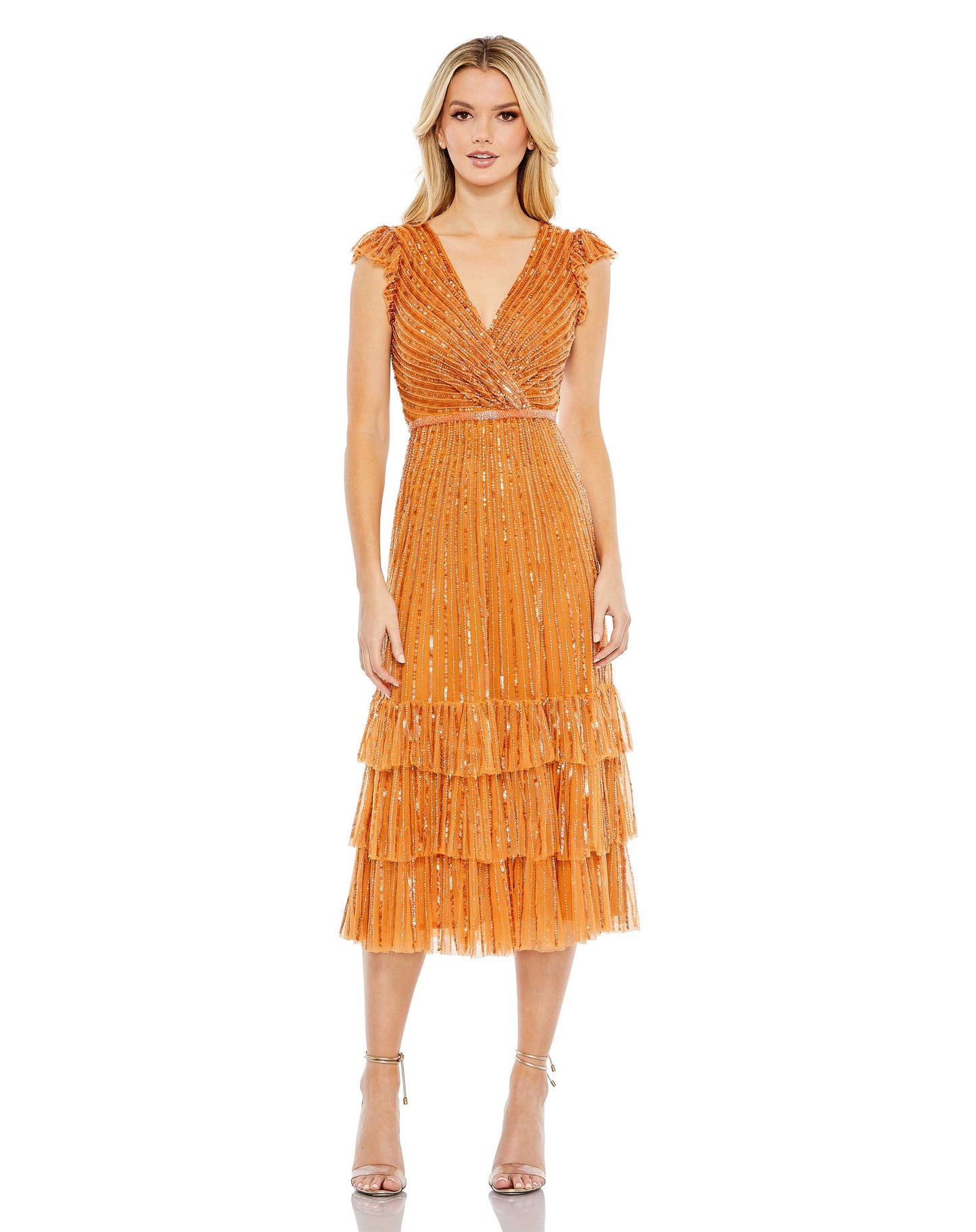 Cocktail Dresses Short Sequin Cocktail Ruffle Midi Dress Burnt Orange