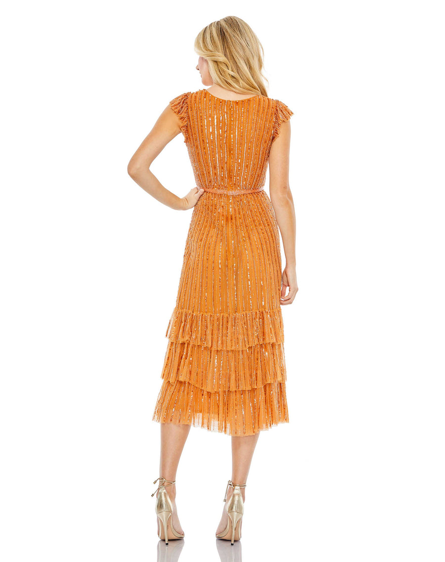 Cocktail Dresses Short Sequin Cocktail Ruffle Midi Dress Burnt Orange