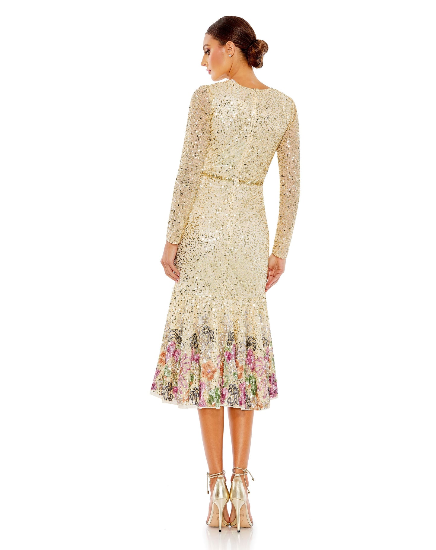 Cocktail Dresses Sequin Long Sleeve Floral Cocktail Midi Dress Gold Multi