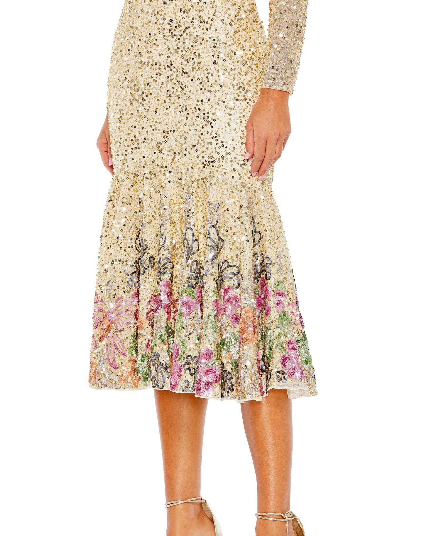 Cocktail Dresses Sequin Long Sleeve Floral Cocktail Midi Dress Gold Multi