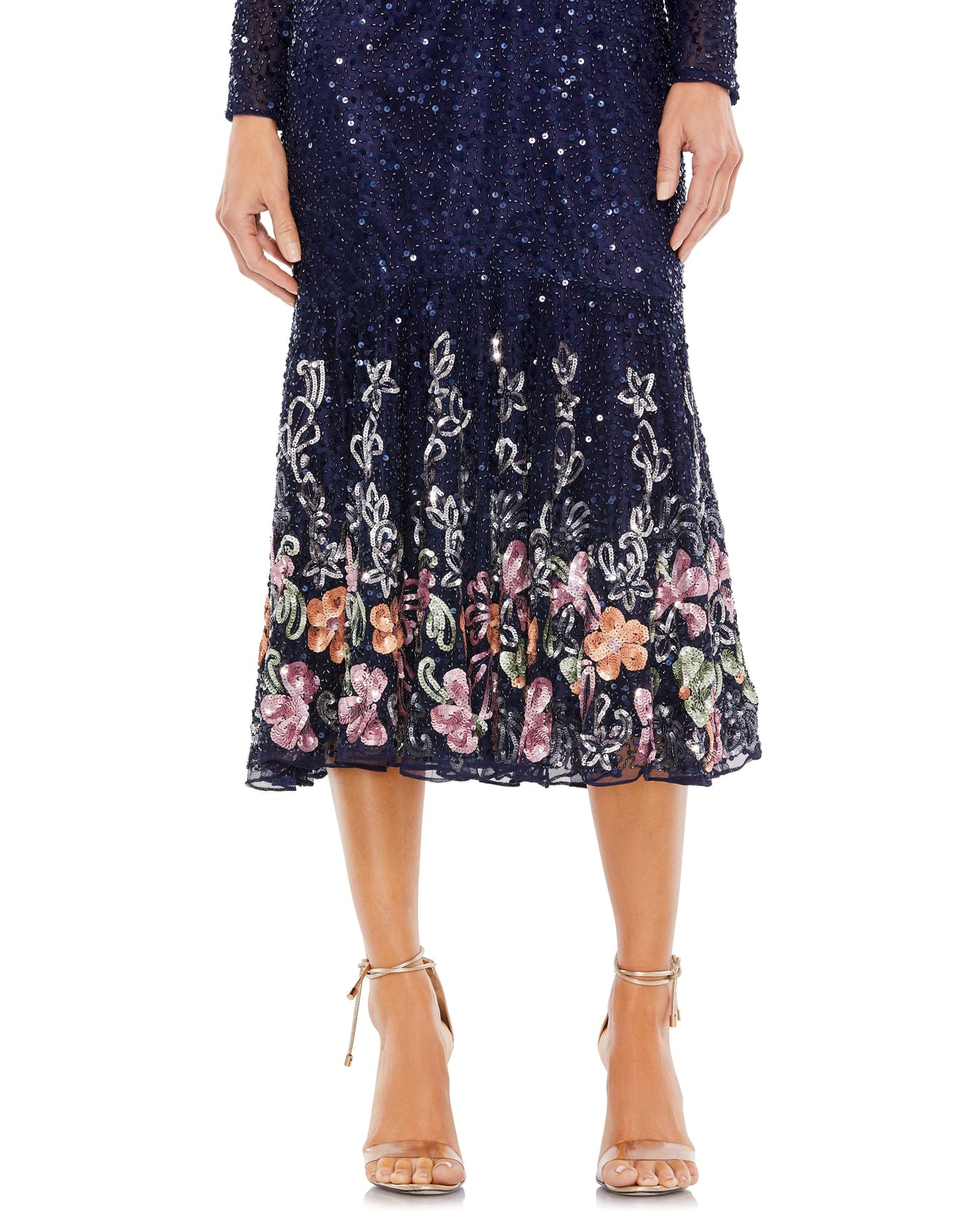 Cocktail Dresses Sequin Long Sleeve Floral Cocktail Midi Dress Midnight