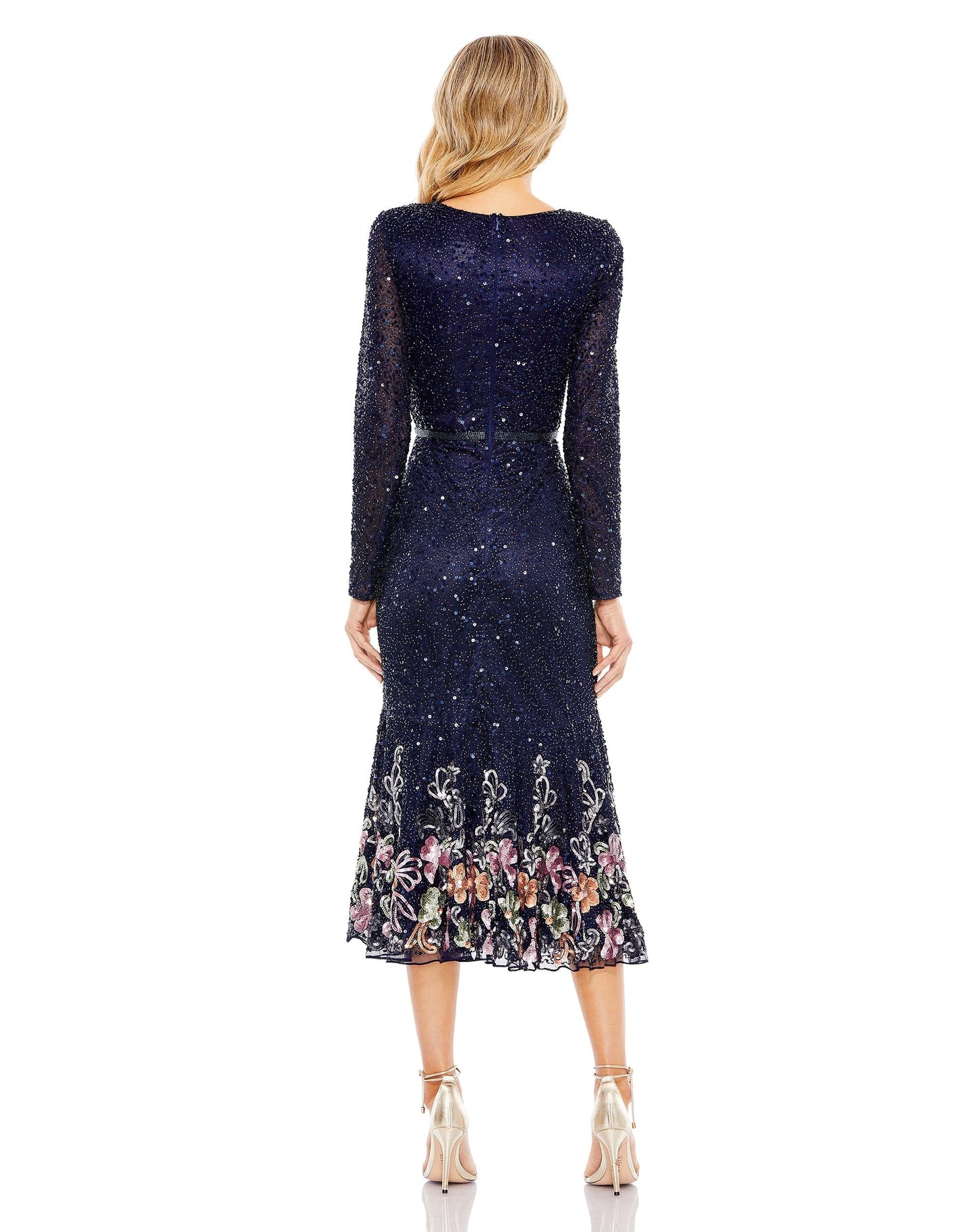 Cocktail Dresses Sequin Long Sleeve Floral Cocktail Midi Dress Midnight