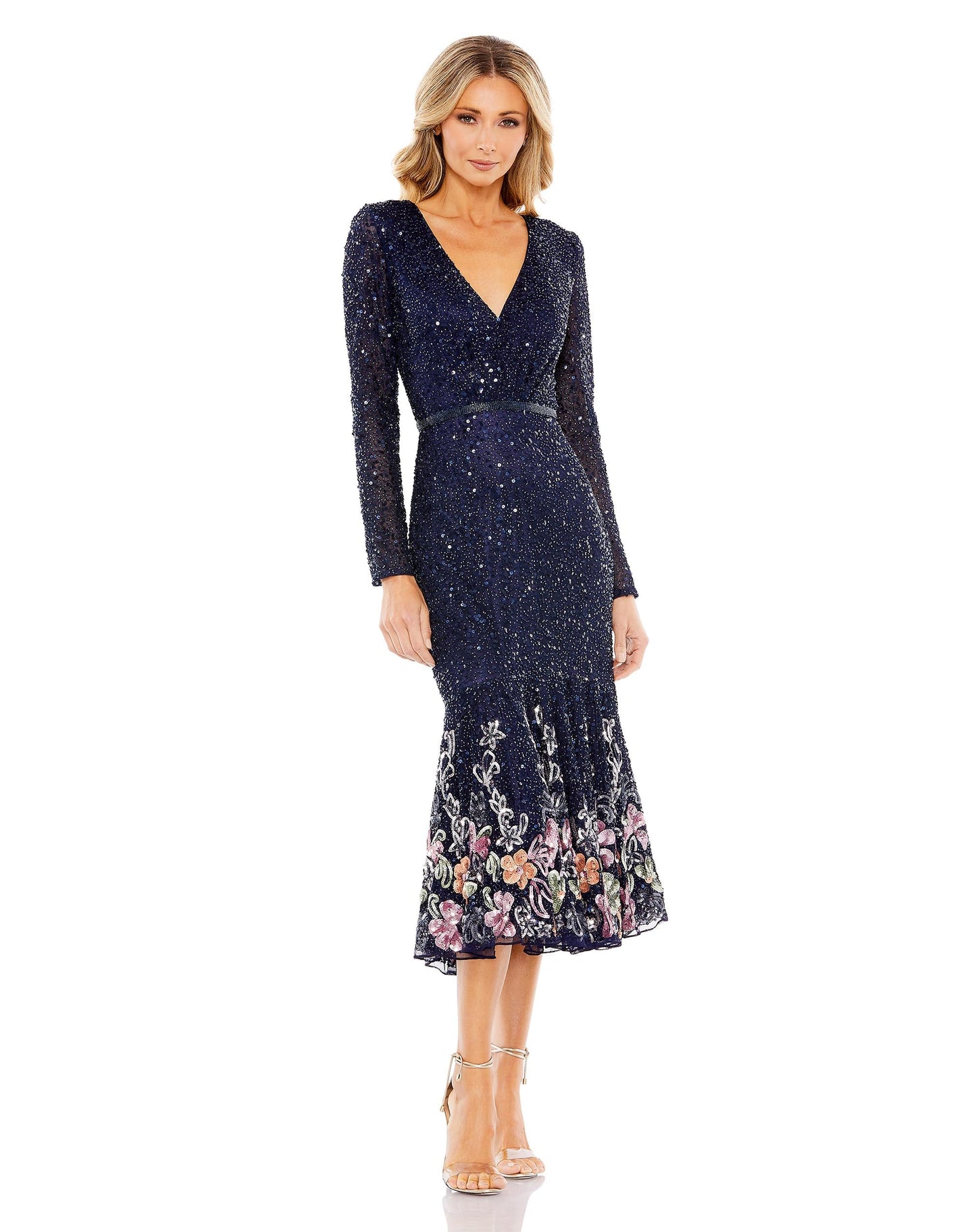 Cocktail Dresses Sequin Long Sleeve Floral Cocktail Midi Dress Midnight