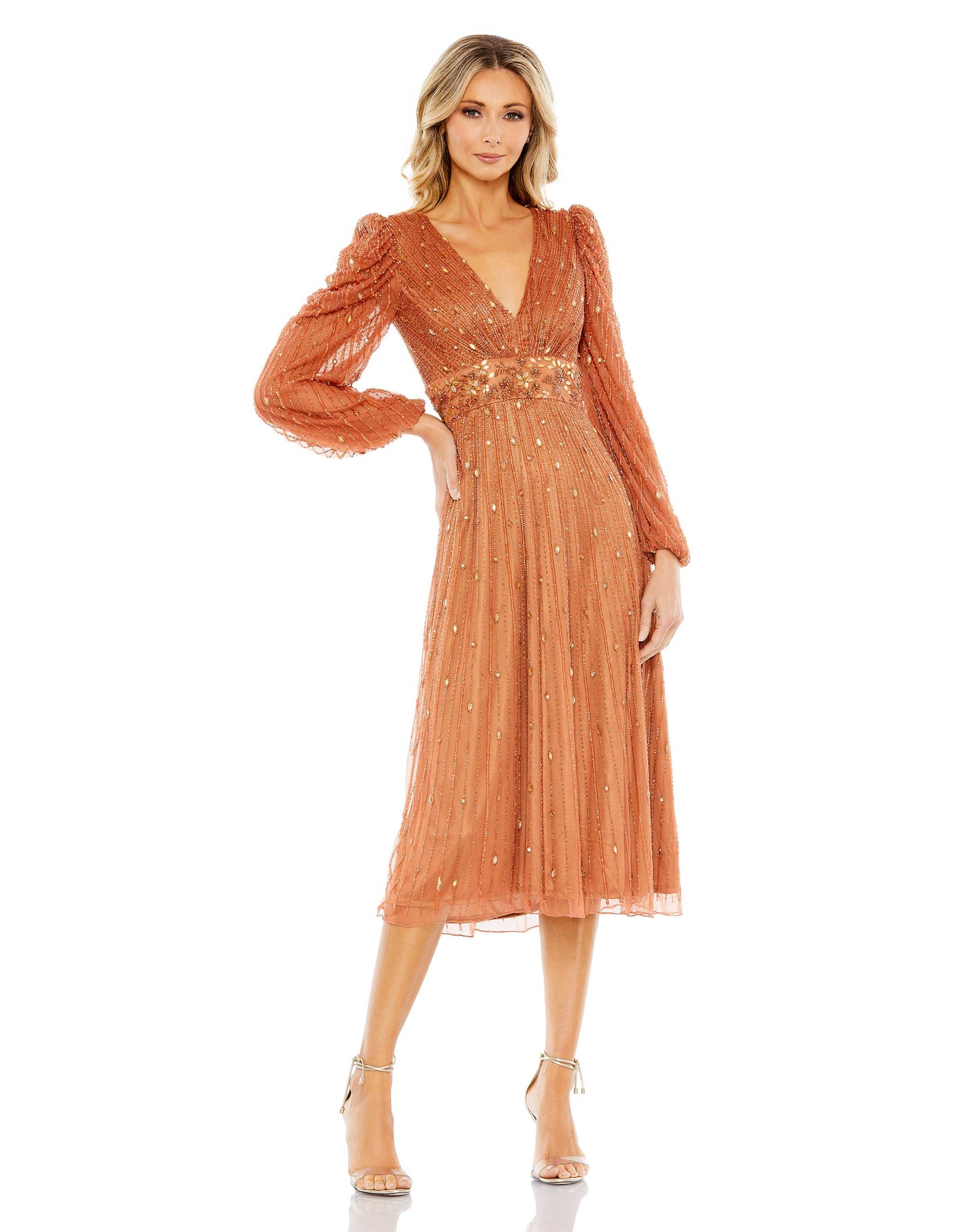 Cocktail Dresses Beaded Long Sleeve A Line Cocktail Midi Dress Cognac