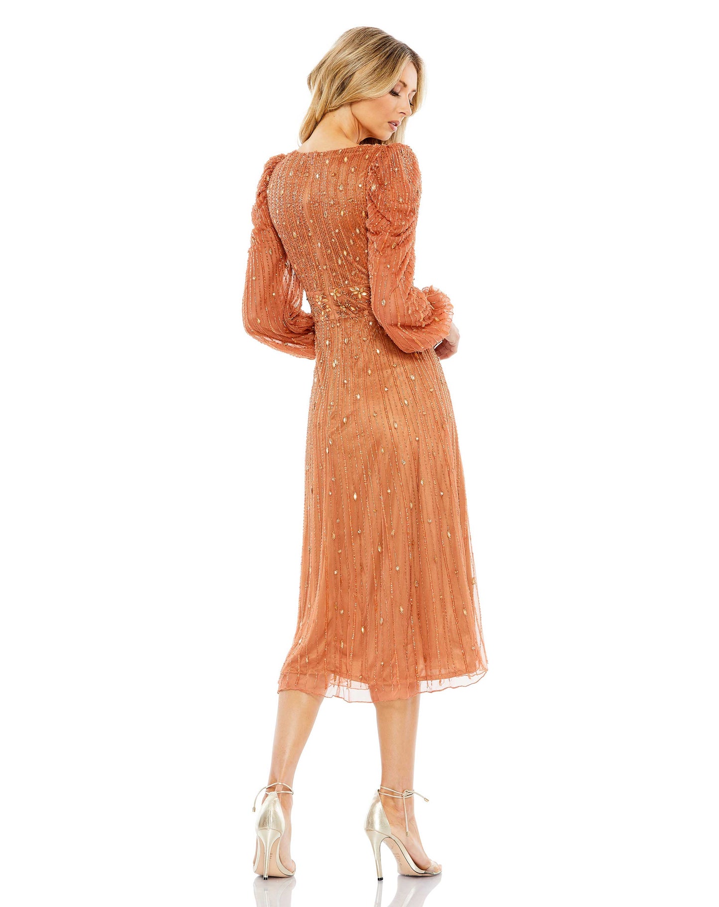 Cocktail Dresses Beaded Long Sleeve A Line Cocktail Midi Dress Cognac