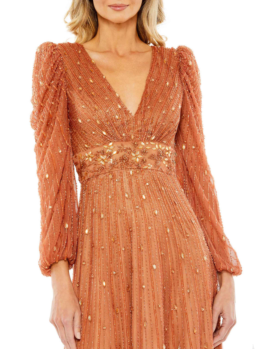 Cocktail Dresses Beaded Long Sleeve A Line Cocktail Midi Dress Cognac