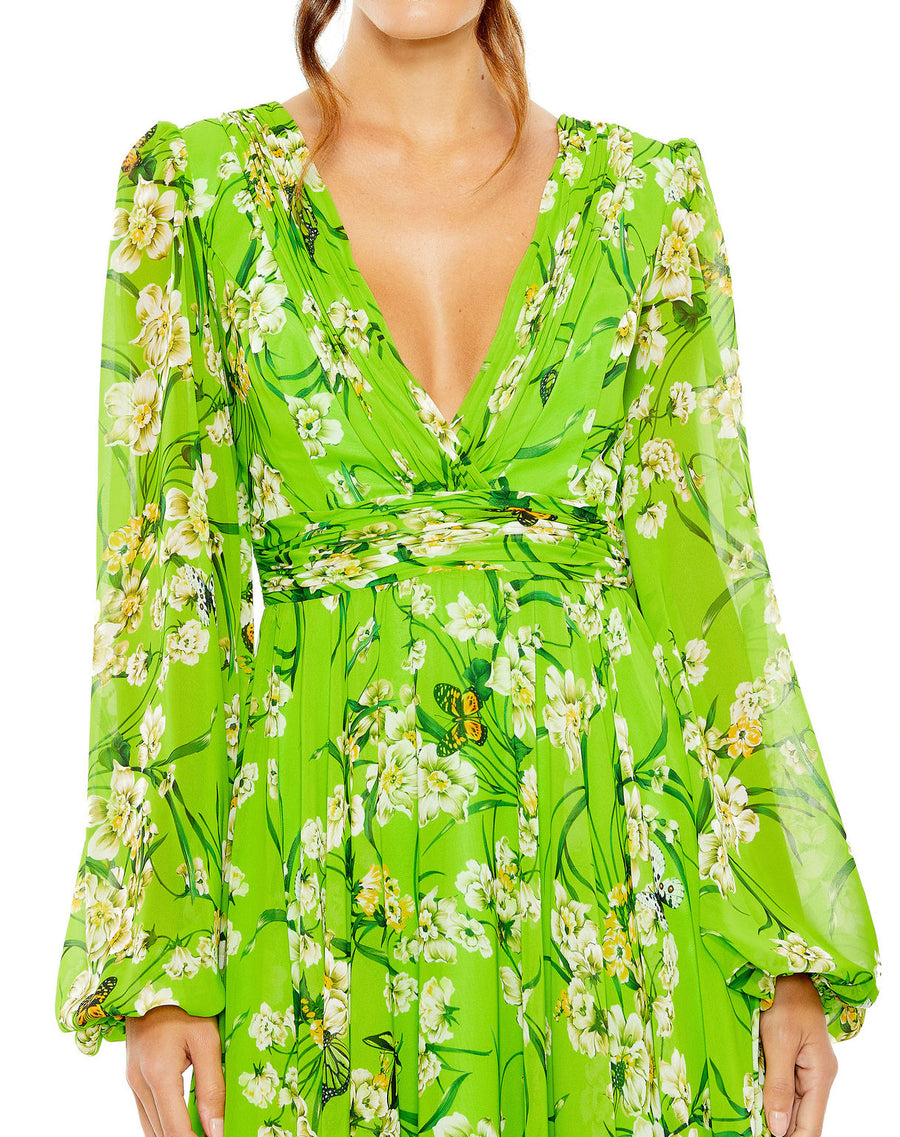 Formal Dresses Formal Prom Floral Long Sleeve Dress Green Multi