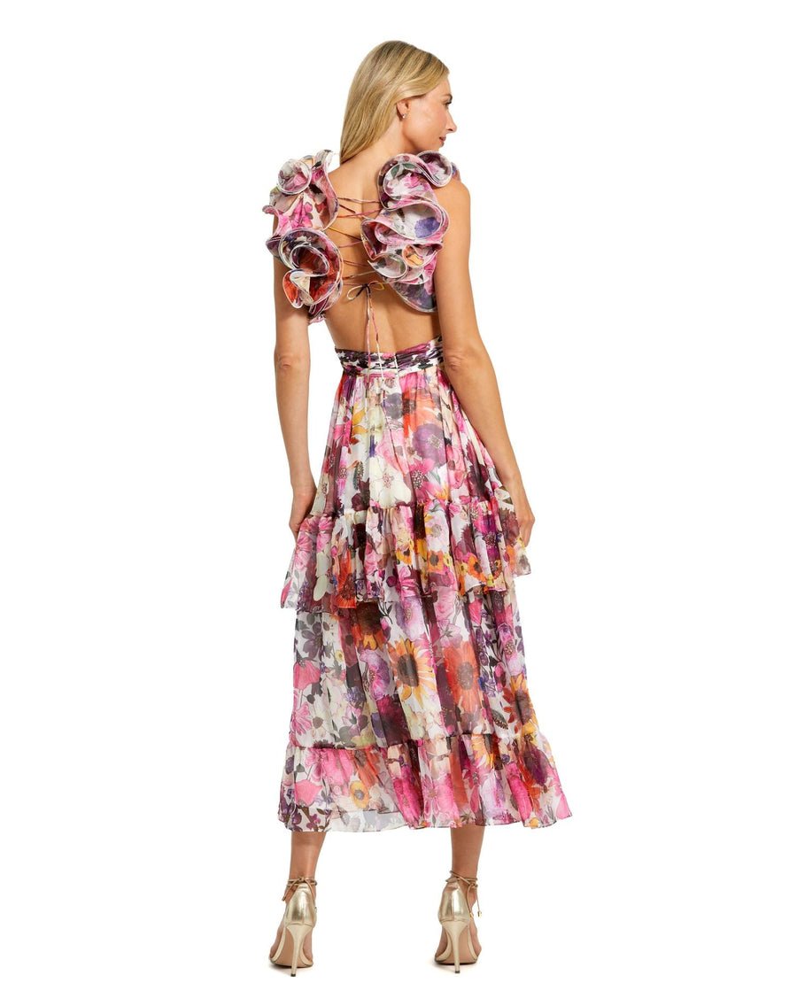 Cocktail Dresses Short Floral Ruffle Tiered Cocktail Midi Dress White Multi