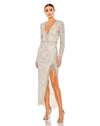 Formal Dresses Long Sleeve Beaded Fringe Formal Prom Dress Silver Nude