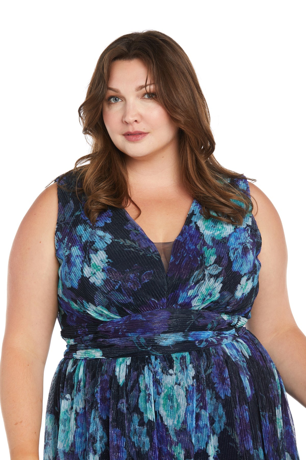 Plus Size Dresses Long Floral Pleated Formal Plus Size Dress Navy/Periwinkle