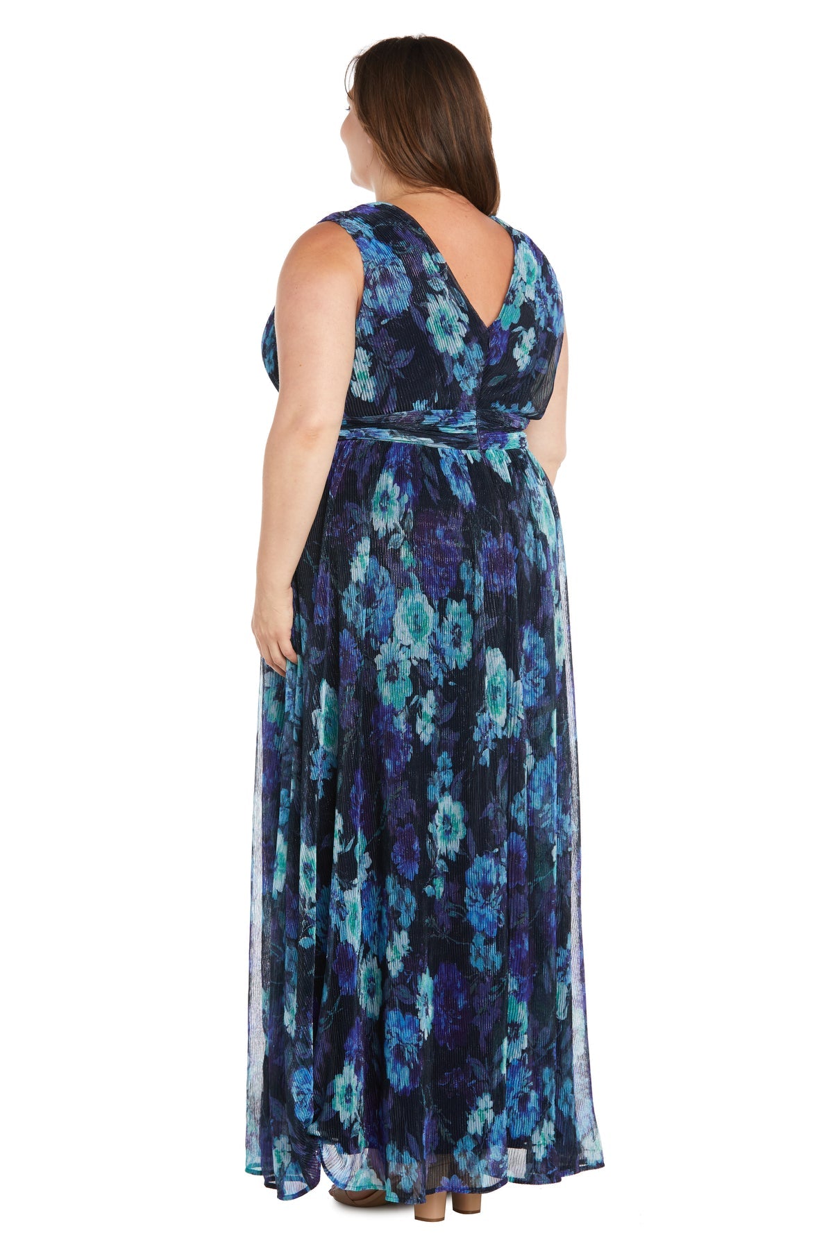 Plus Size Dresses Long Floral Pleated Formal Plus Size Dress Navy/Periwinkle