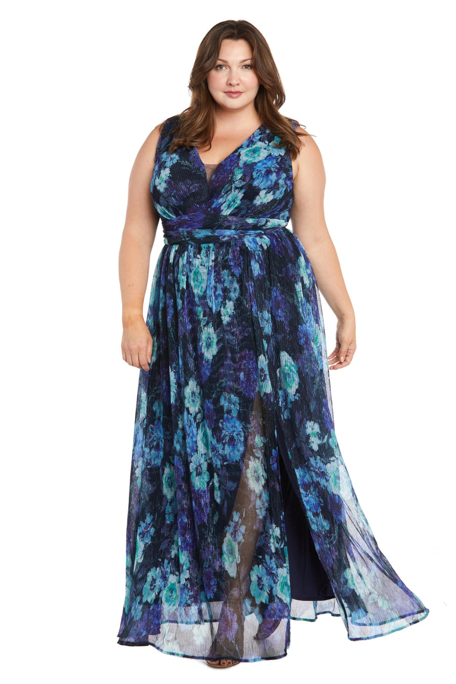 Plus Size Dresses Long Floral Pleated Formal Plus Size Dress Navy/Periwinkle