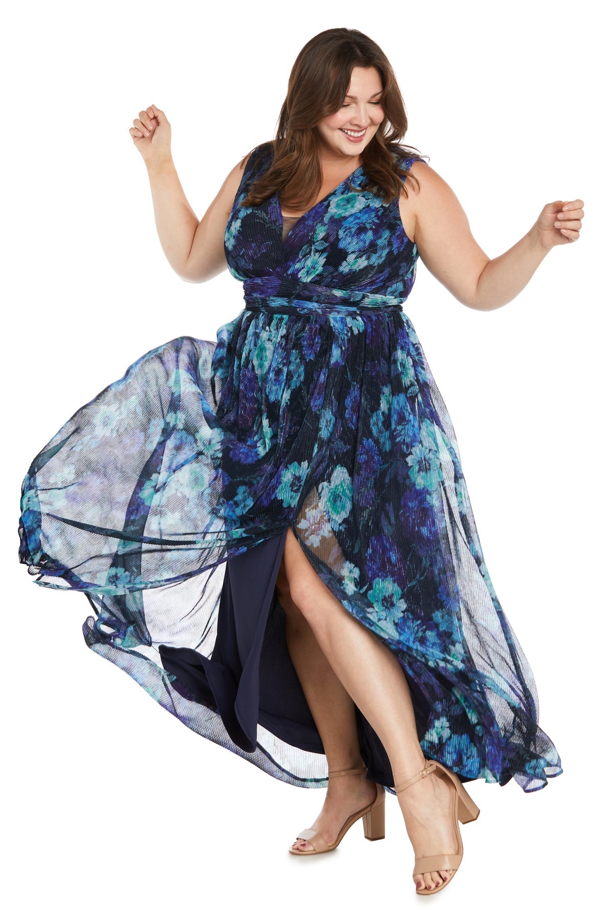 Plus Size Dresses Long Floral Pleated Formal Plus Size Dress Navy/Periwinkle