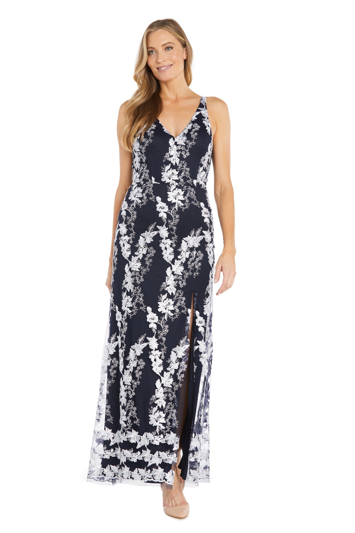 Formal Dresses Floral Long Print Formal Dress Navy/White