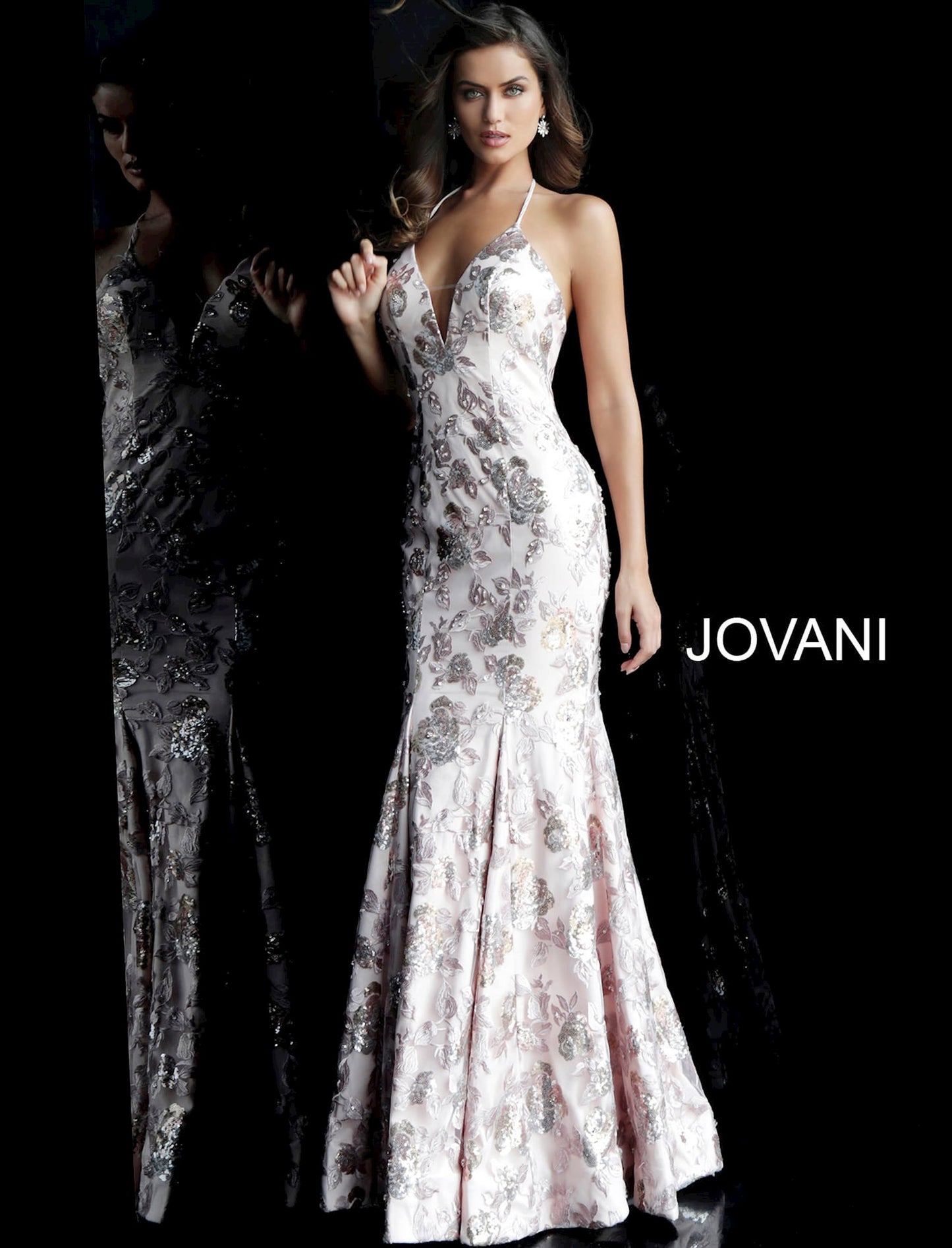 Jovani 63583 Floral Sequined Long Prom Dress